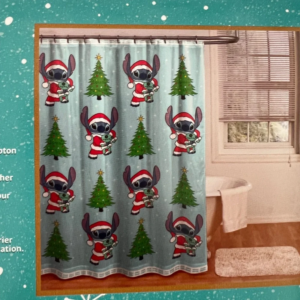 NWT Rare Stitch Christmas Cotton Teal shower curtain NEW Disney